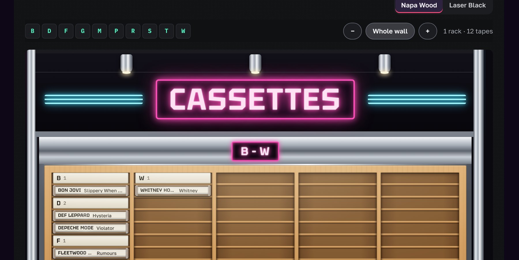 The TapeMatch store wall on a laptop: a neon Cassettes sign over a wood rack of tapes filed A to Z